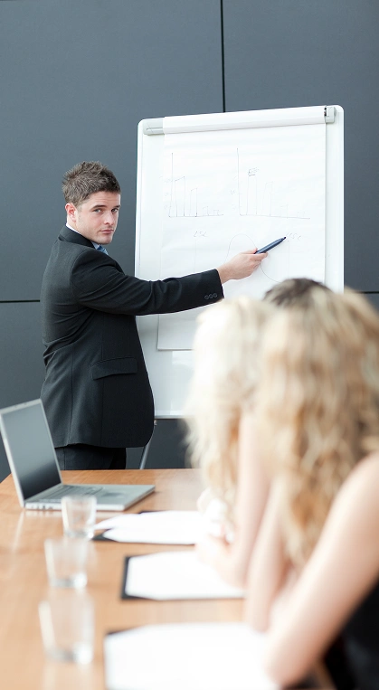 Mężczyzna w garniturze wskazuje na tablicę z wykresem, stojąc naprzeciwko dwóch zamazanych kobiet przy stole konferencyjnym, tworząc profesjonalną atmosferę